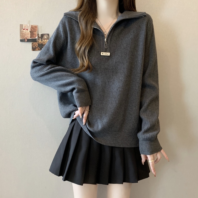 大码女装遮肚子半拉链毛衣针织衫女春秋胖妹妹宽松显瘦长袖打底衫
