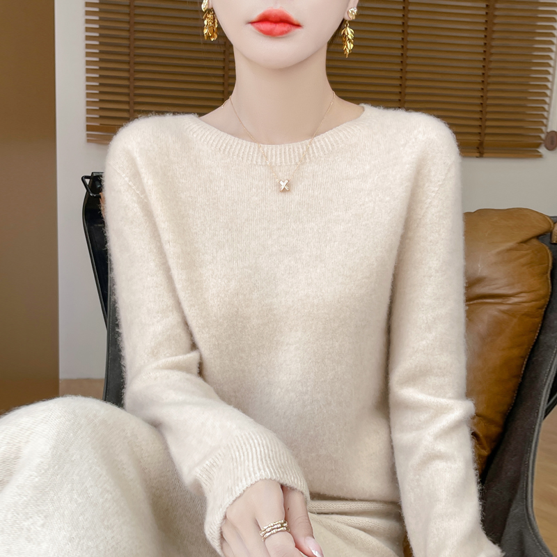 一线无缝100%羊毛衫女款圆领纯色简约针织打底衫休闲长袖套头毛衣