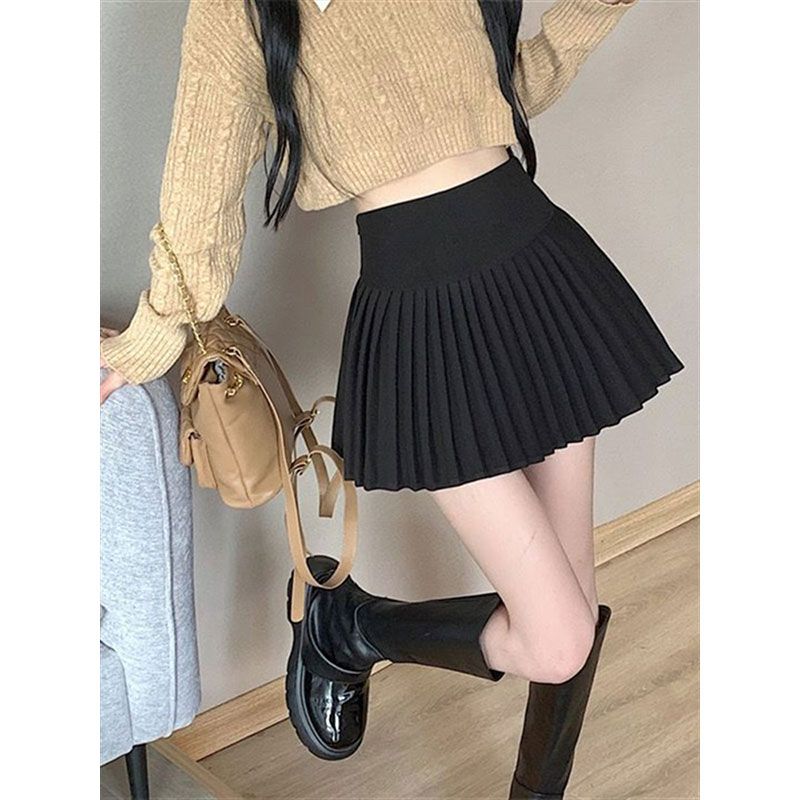 秋冬新款高腰百褶裙防走光半身裙内衬短裙学院风a字裙子短裙黑裙