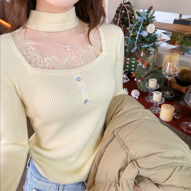挂脖蕾丝边打底衫女内搭2025春季新款设计感毛衣修身洋气针织上衣