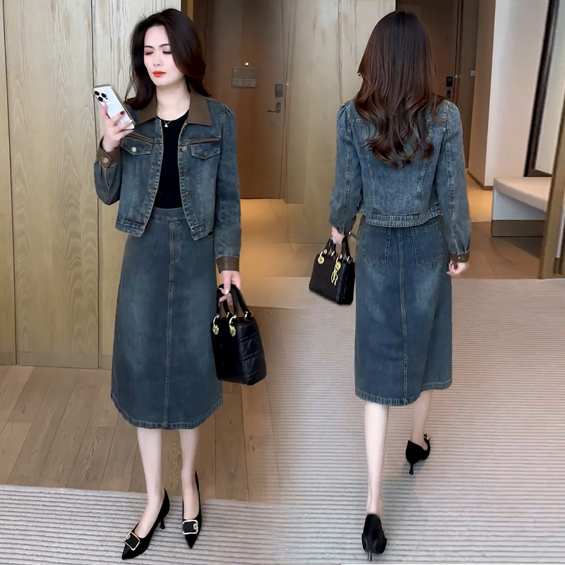 La babite小香风牛仔套装女春秋新款时尚洋气短外套连衣裙两件套