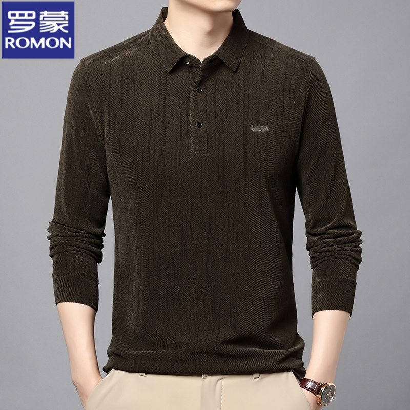 罗蒙秋季纯色翻领设计感POLO衫男新款薄款休闲舒适长袖T恤衫男装