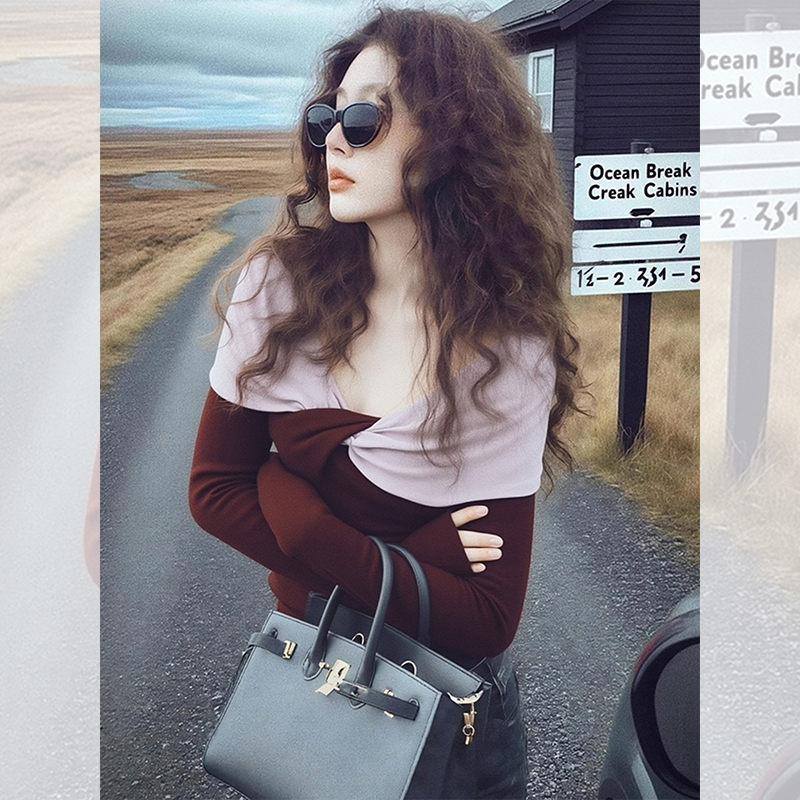 辣妹一字肩交叉低领长袖t恤入冬季穿搭韩系设计小众上衣服厚女装