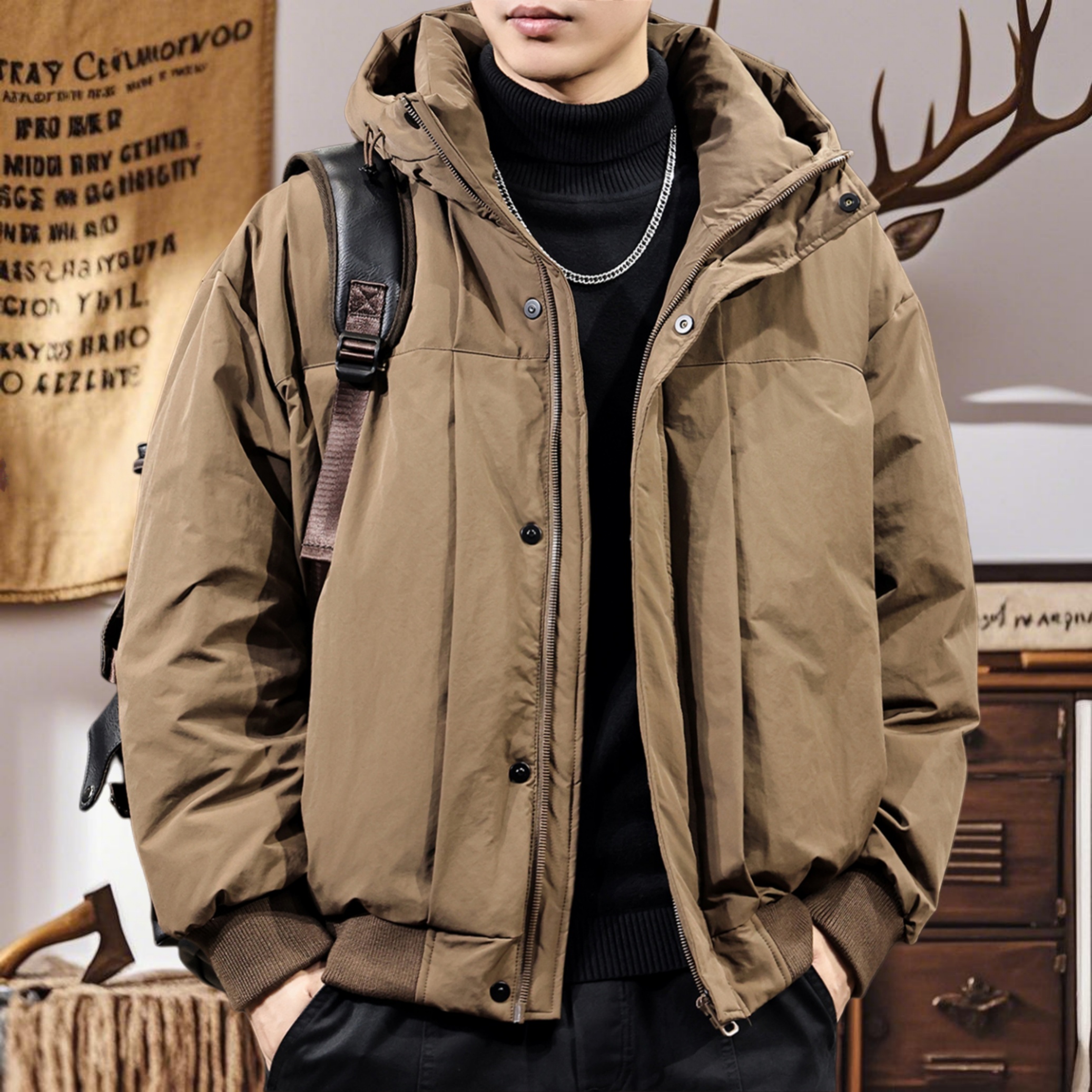 美式简约白鸭绒工装连帽羽绒服男2025新款加厚保暖休闲外套新国标