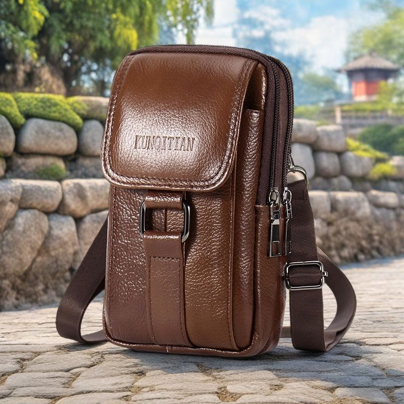 男士头层牛皮手机包穿皮带手机套多功能时尚斜跨包防水真皮小挂包