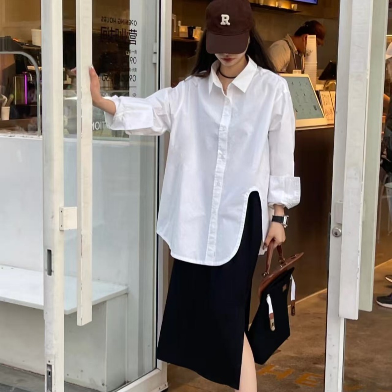 春夏新款设计感白色凹槽衬衣+黑色半身裙高级感时尚两件套装女