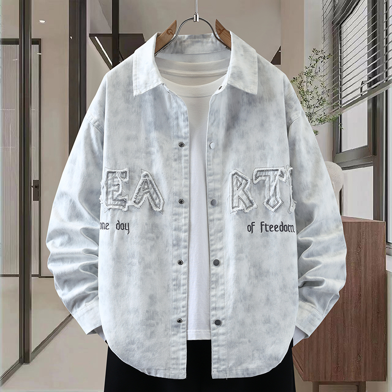 春秋季新款渐变牛仔衬衫夹克男个性字母刺绣贴布绣青少年外套