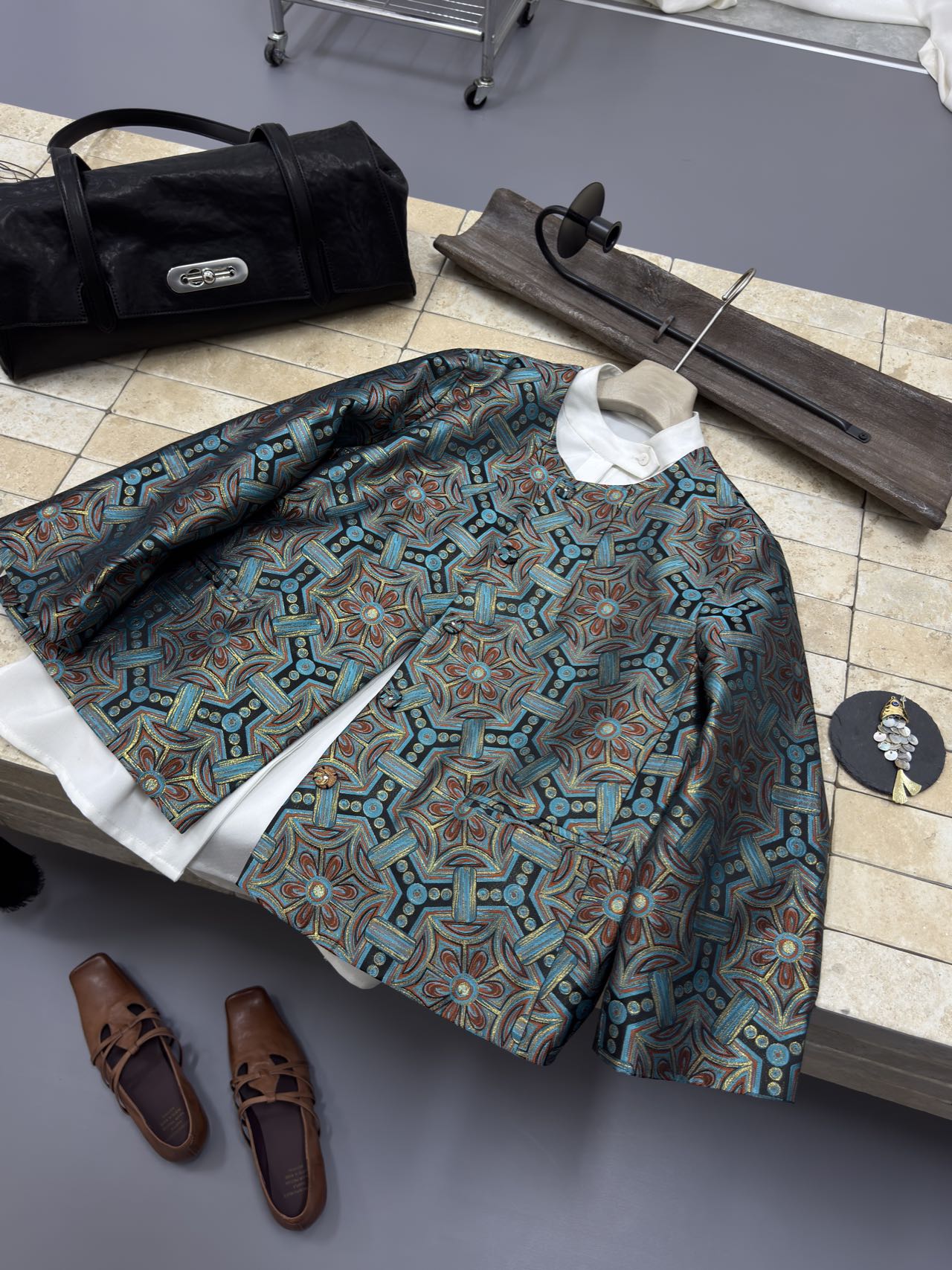 [霜山]织锦提花花纹直襟常规上衣中国风女装长袖中式春秋款