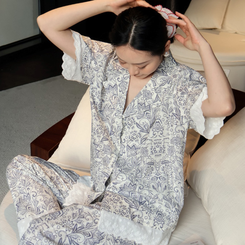 碎花夏季家居服长袖短袖睡衣春秋秋冬家居服套装长裤提花长款