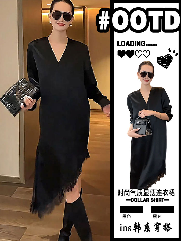 法式简约轻奢时尚V领黑色连衣裙女2026独特别致不规则设计感裙子