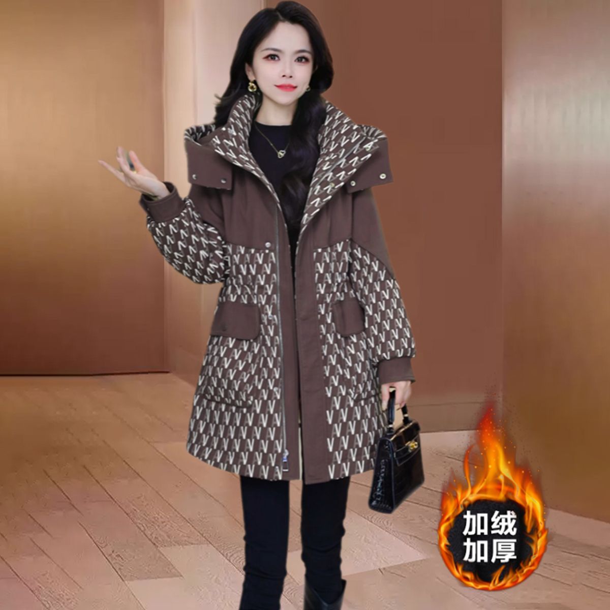 拉夏格子小香风洋气毛呢外套女2025新款加厚高级感妈妈中长款大衣