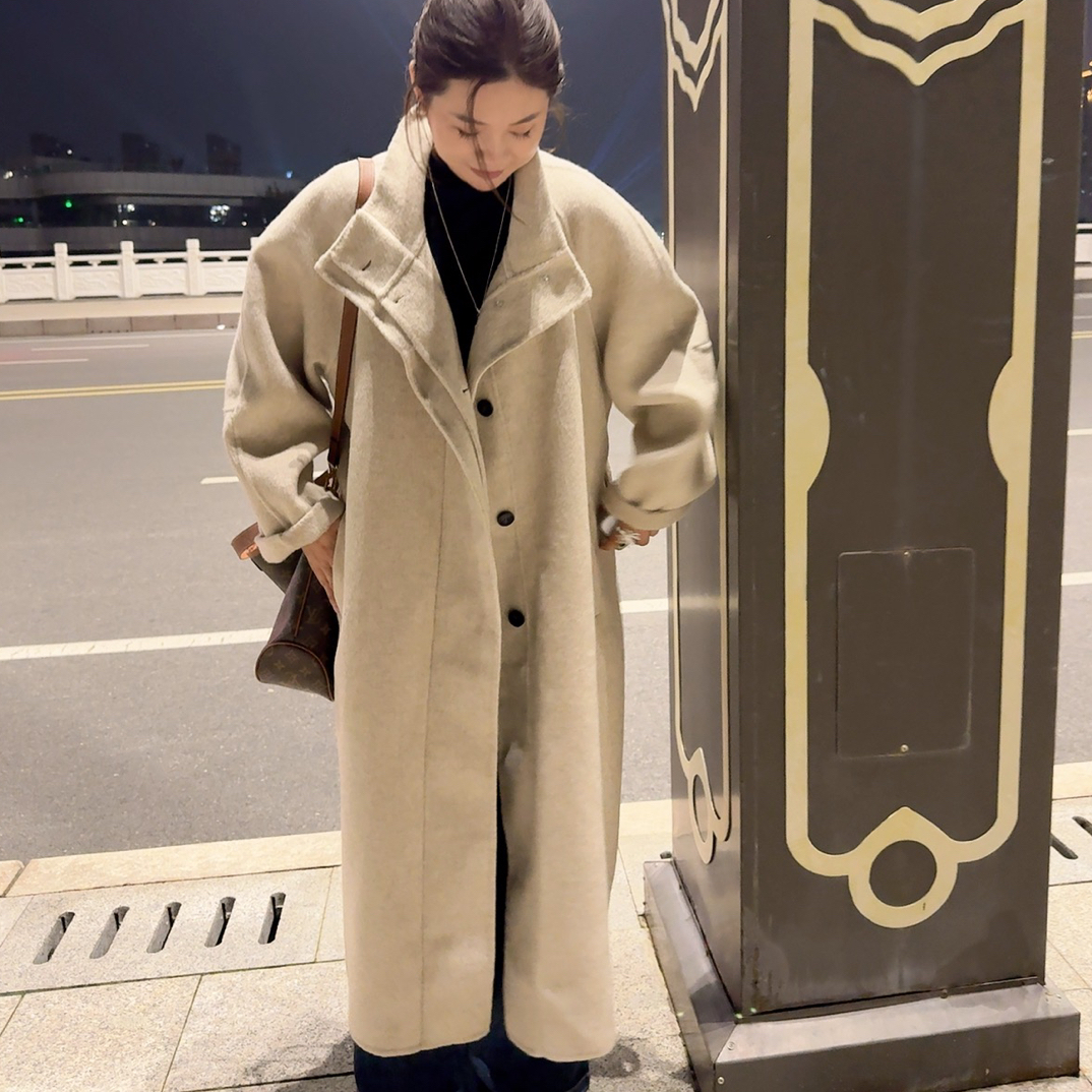 气质立领斜扣长款双面羊毛大衣秋冬通勤保暖外套