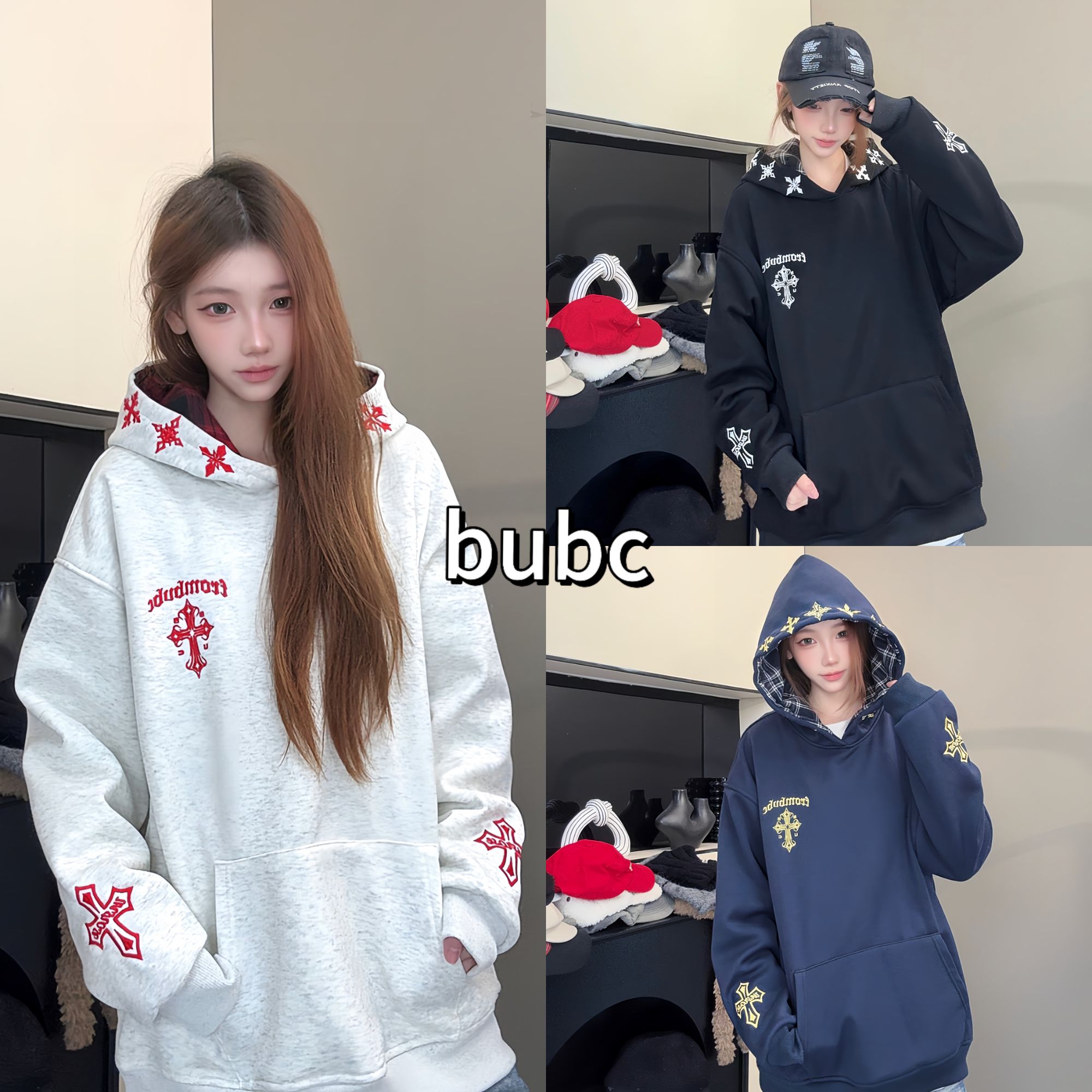 BUBC简约十字字母重工刺绣百搭休闲男女情侣款休闲洋气潮连帽卫衣