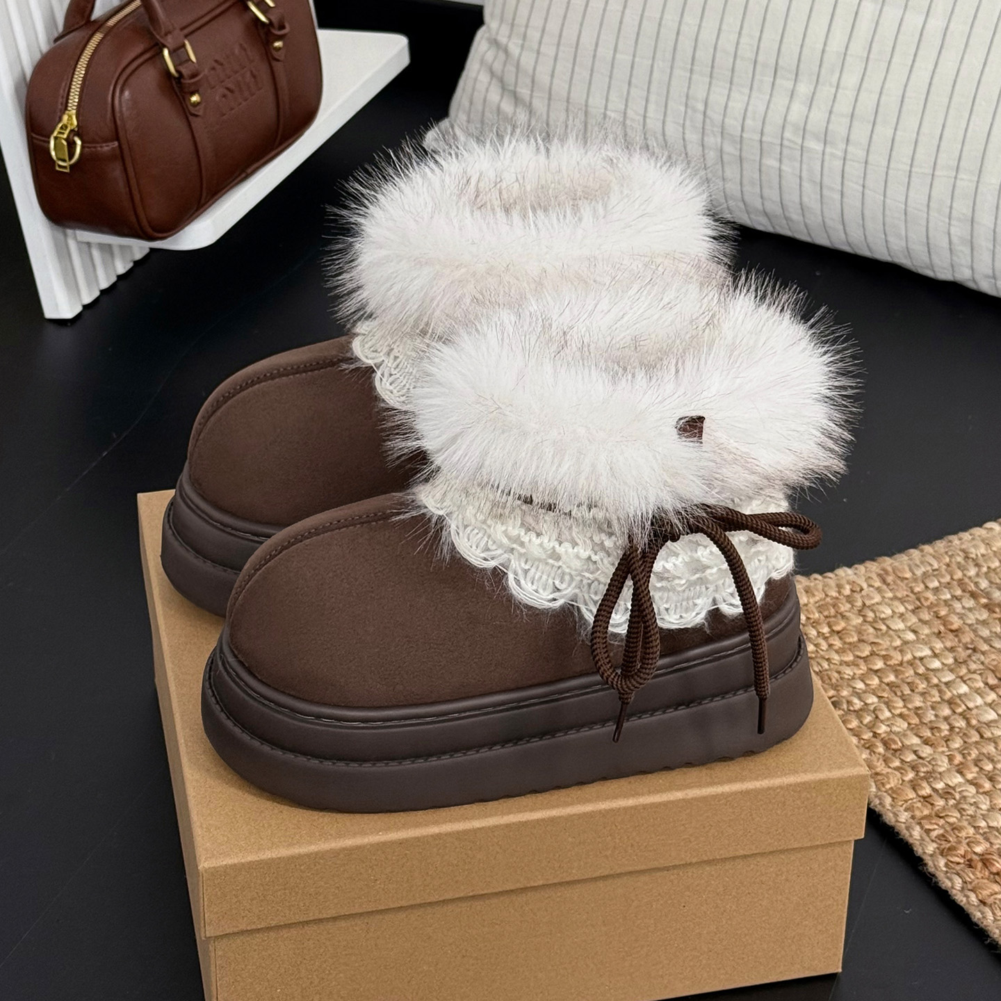 猫力费尔岛毛毛雪地靴女冬季百搭增高厚底加绒保暖短靴子毛毛鞋女