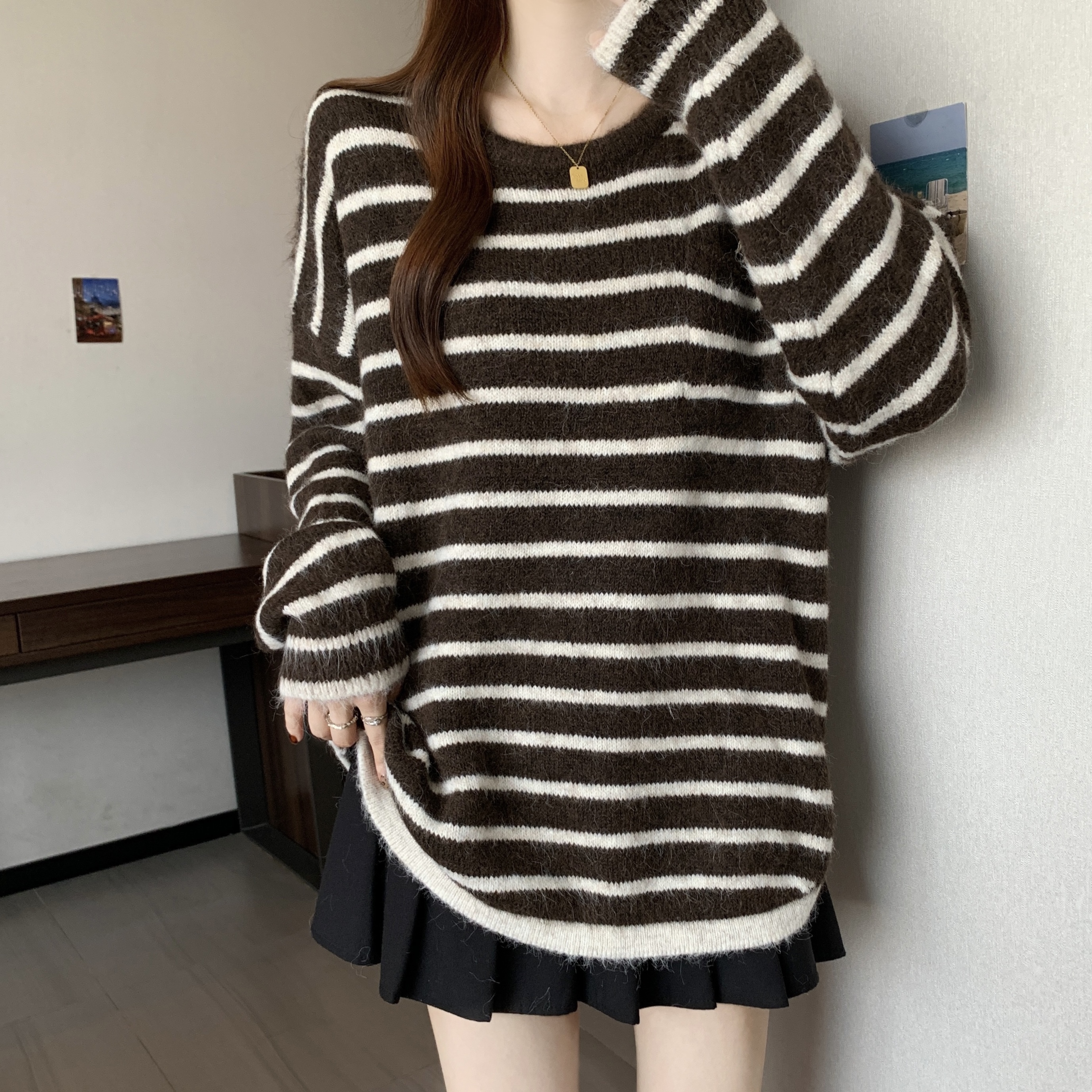 时尚大码2025秋季新款条纹毛衣针织衫松弛感慵懒风宽松显瘦上衣女