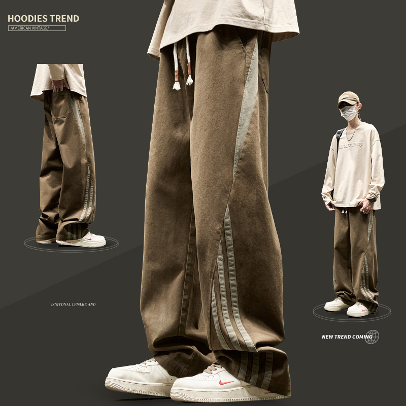 美拉德裤子男春秋潮牌复古休闲直筒长裤美式高街侧条纹宽松工装裤