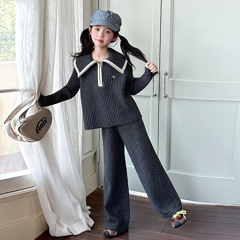 女童套装春秋2025新款洋气毛线卫衣儿童直筒裤秋季大童两件套