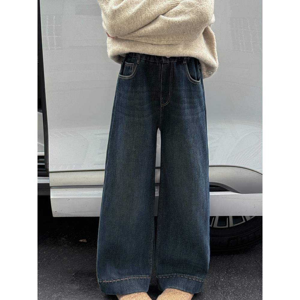 女童加绒牛仔裤秋冬装2025新款儿童超好看裤子女孩加厚窄版阔腿裤