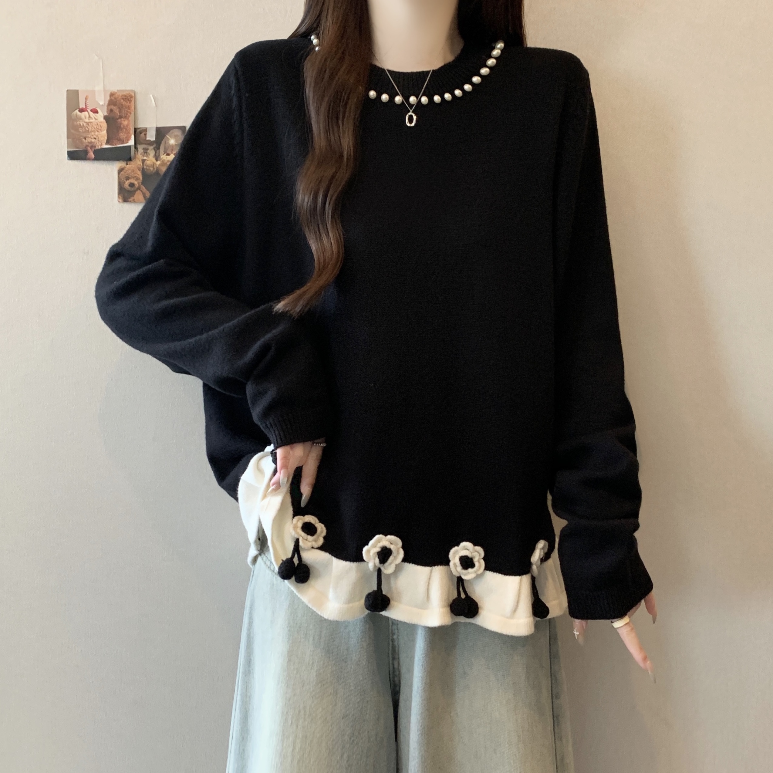 大码女装遮肚子荷叶边长袖毛衣女秋冬胖妹妹宽松显瘦打底衫上衣