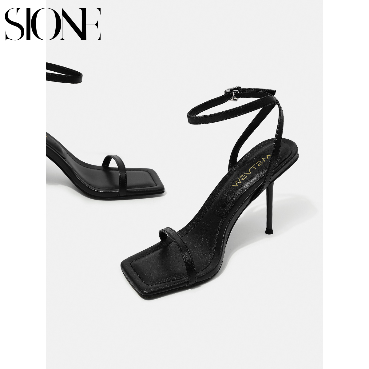 石头家黑色一字带凉鞋女2025夏季新款网红性感名媛露趾细跟高跟鞋