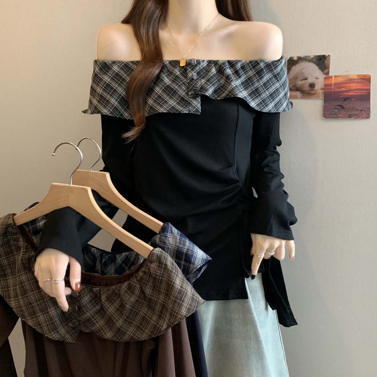 新品2025秋季新款格子拼接假两件翻领T恤女大码百搭休闲显瘦上衣