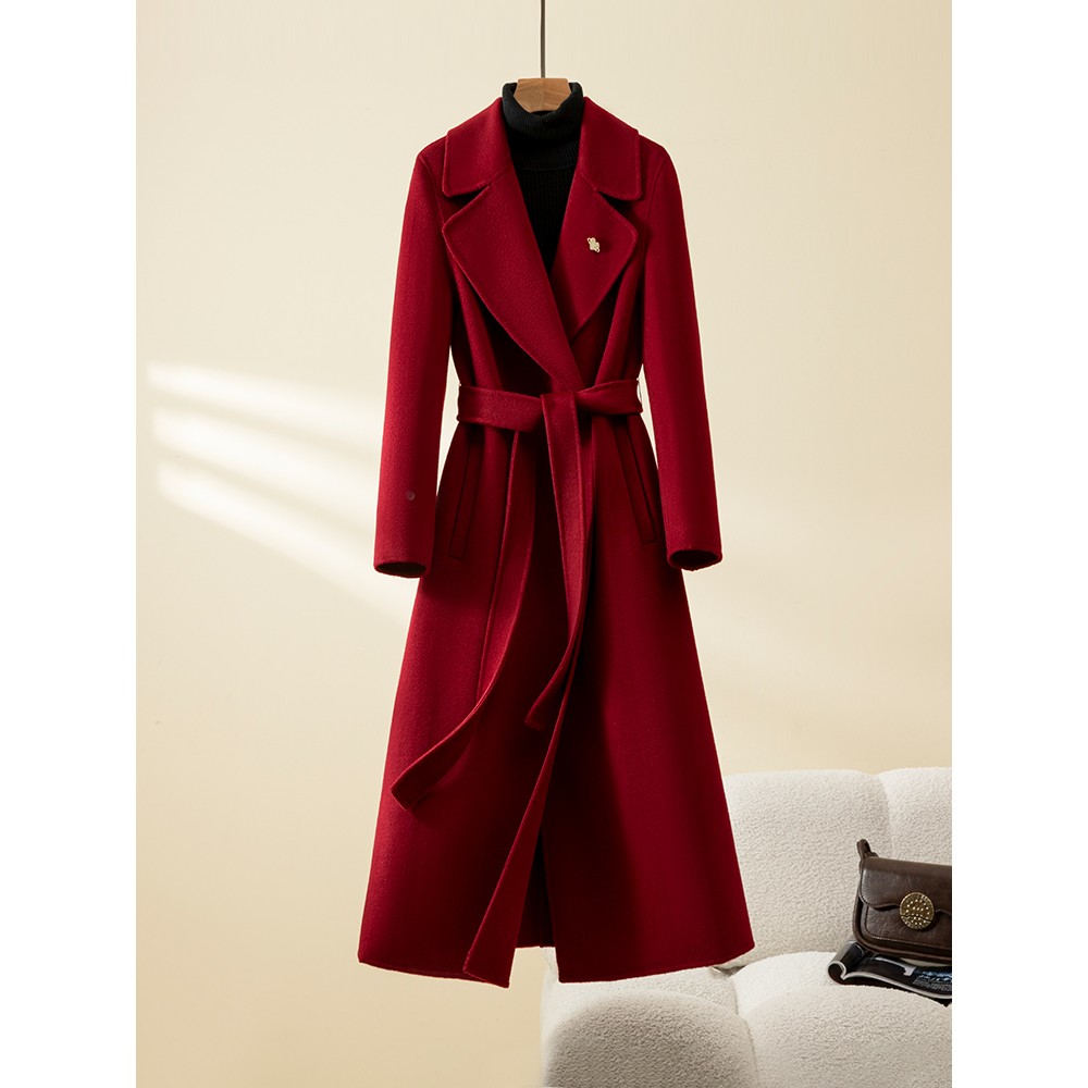 双面零羊大衣女中长款系带本命年红色结婚全羊毛呢子外套工作服