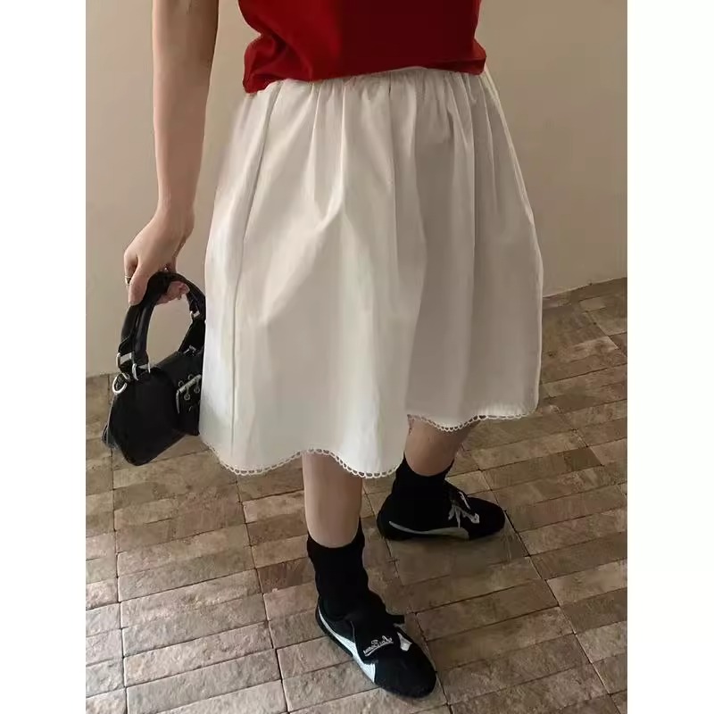 松紧腰白色蕾丝半身裙女夏季2025新款中裙宽松高腰a字小个子短裙