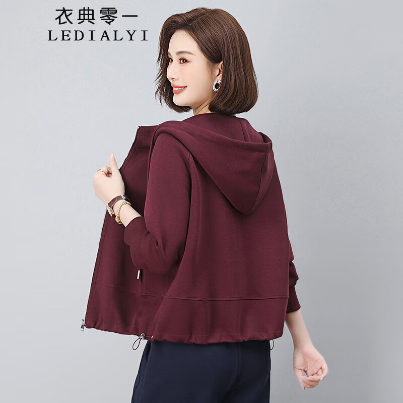 休闲短款连帽外套女2025年春秋新款中年妈妈纯色减龄气质开衫卫衣