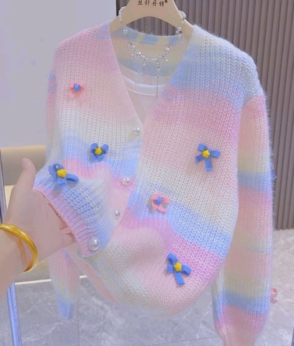 彩虹毛衣外套女秋冬慵懒风宽松网红百搭加厚上衣针织衫开衫洋气