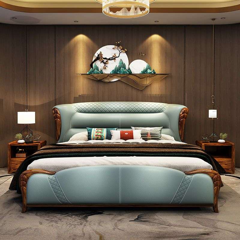 具新品特惠新中式双人床奢华婚床豪宅乌金木主卧实木床1.8m真皮床