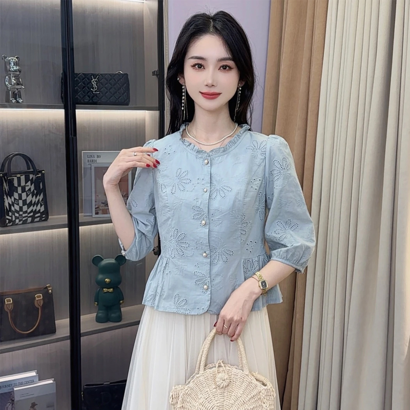 衬衫女2025早秋新款时尚洋气法式气质圆领短款减龄百搭泡泡袖上衣