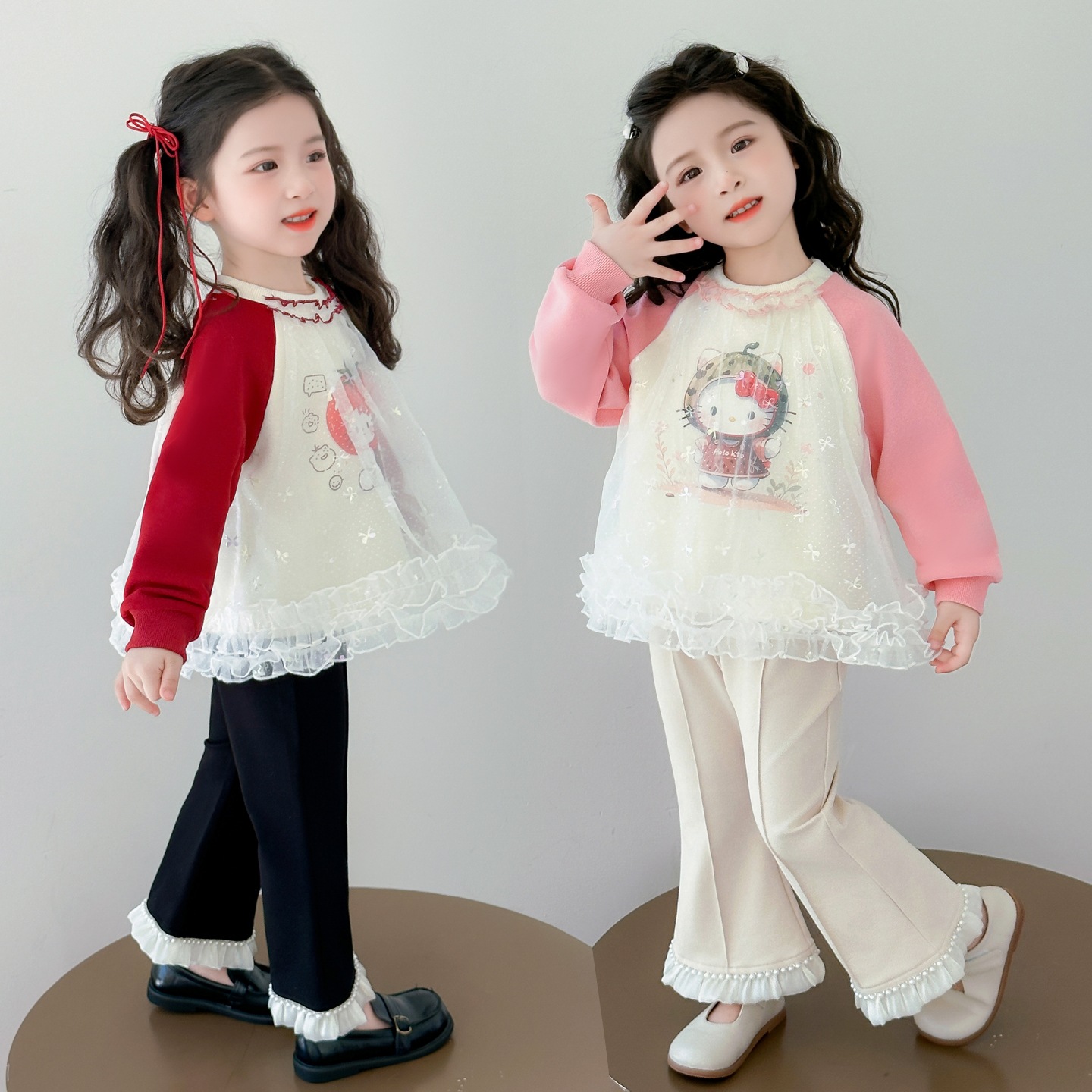 女小童甜美套装春秋季女宝宝卡通网纱卫衣秋装儿童洋气时髦两件套