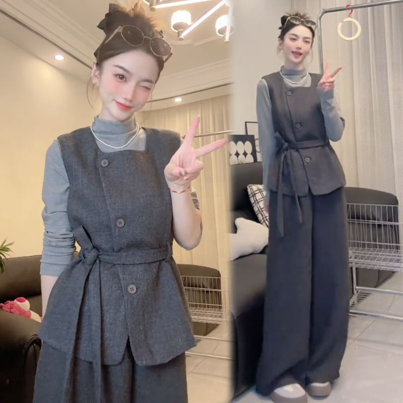 时尚收腰套装女2025秋季新款洋气显瘦气质马甲打底衫阔腿裤三件套