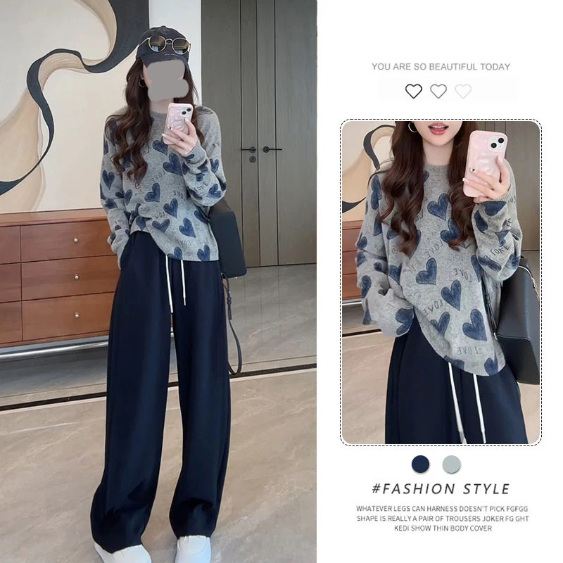 韩国chic秋季复古气质圆领套头毛衣女爱心字母慵懒宽松外穿针织衫