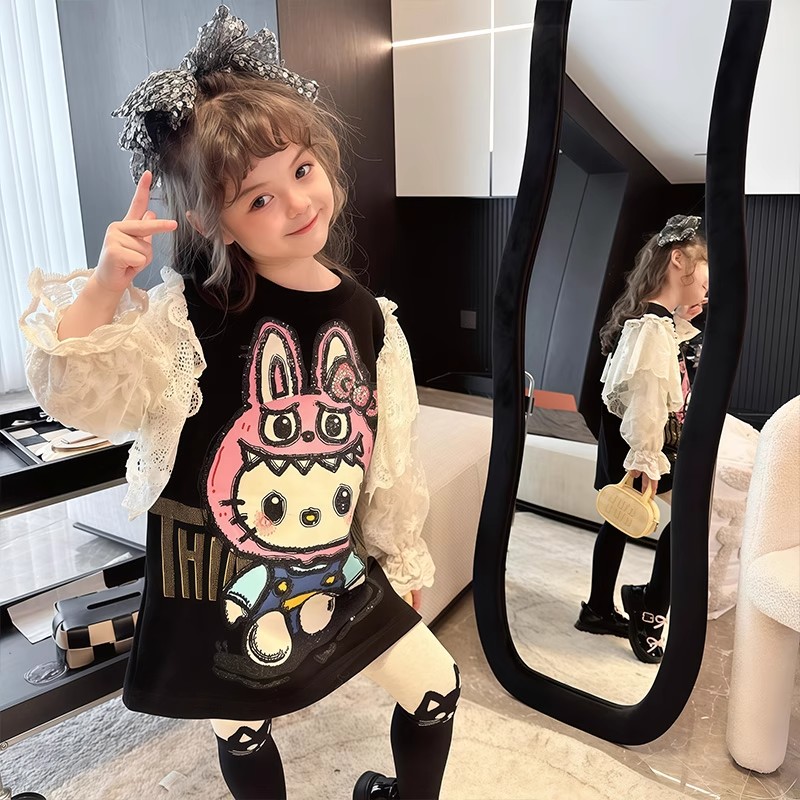 拉布布女童蕾丝卫衣春秋装2025新款儿童长袖上衣秋季女孩时髦T恤