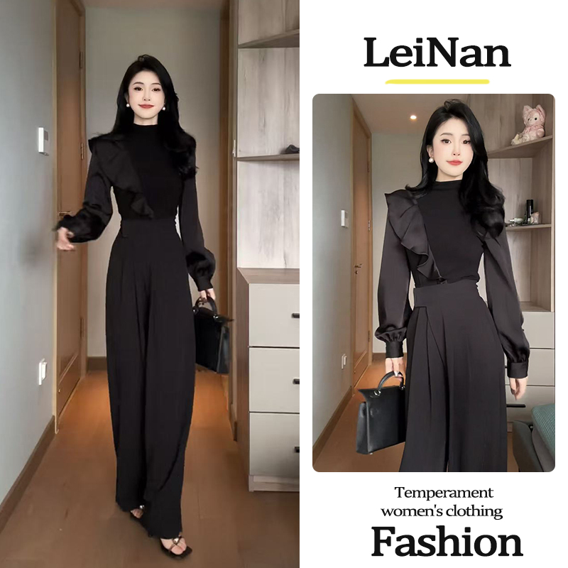 2025新款秋季半高领荷叶边不规则长袖上衣+黑色高腰阔腿裤两件套