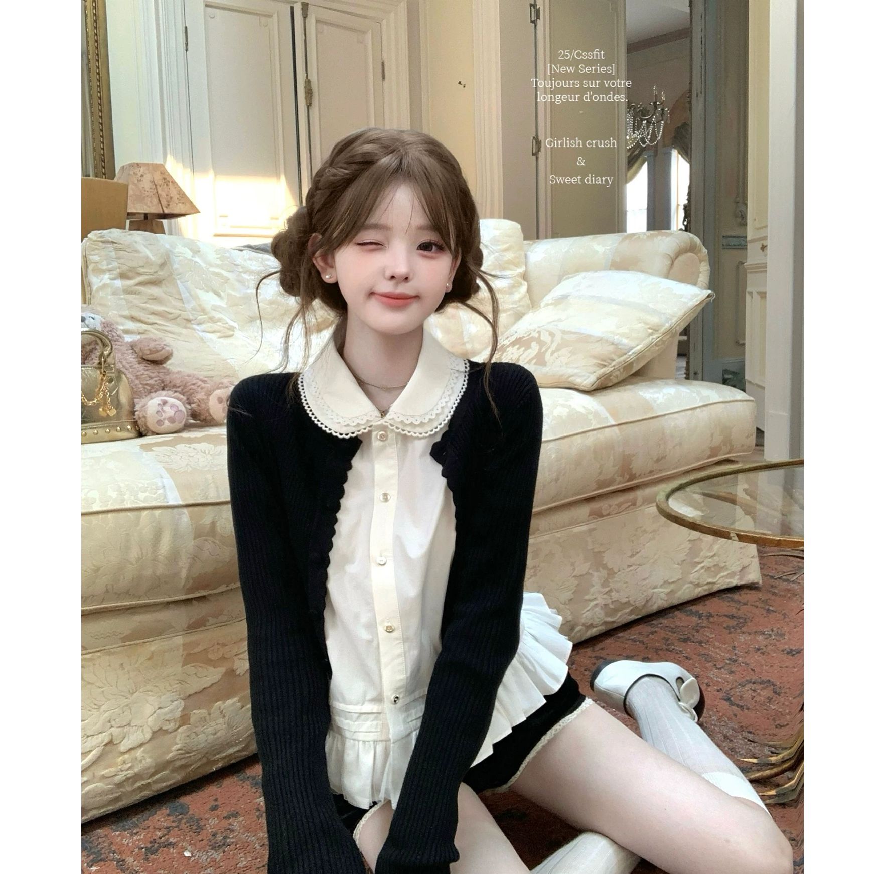 【绢羽笔尖】花边拼纱下摆刺绣领白衬衫女中古黑开衫配显瘦短裤套装