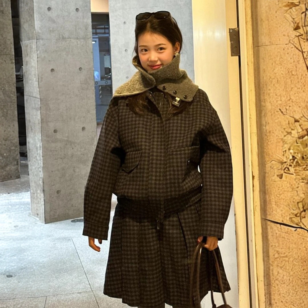 老钱学院风夹克工装套装女2025春季复古千鸟格廓形外套短裙两件套