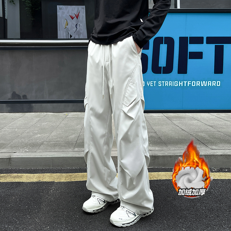 加绒褶皱感工装冲锋裤男女秋冬长裤潮流直筒休闲裤运动潮牌阔腿裤