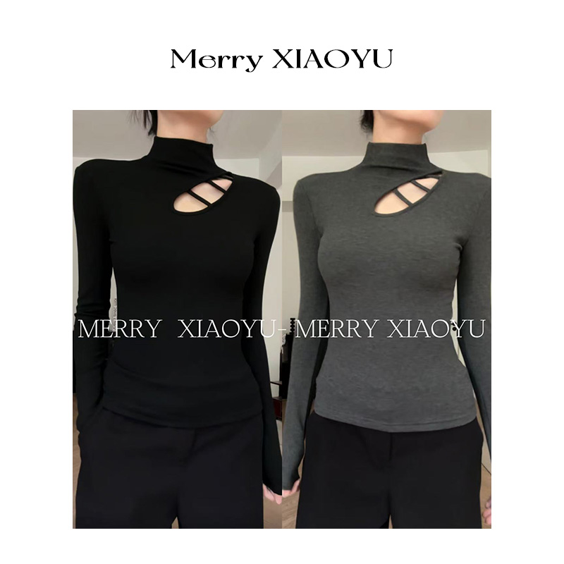 【小鱼】秋冬新款镂空高领时尚长袖修身显瘦百搭气质上衣打底