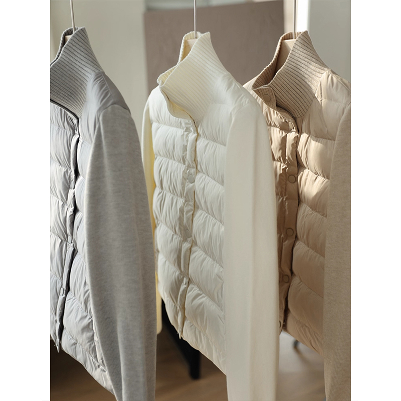 韩系修身保暖针织拼接立领宽松外套女秋冬季新款休闲百搭棉衣棉袄