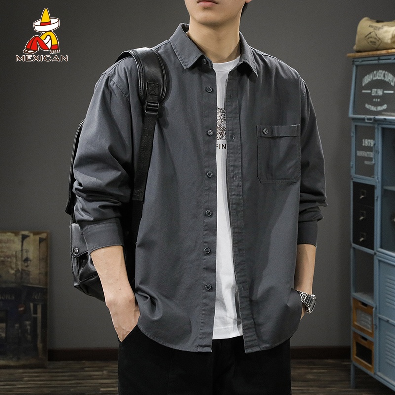 Mexican/稻草人春秋复古纯棉长袖衬衣男宽松翻领衬衫休闲工装外套