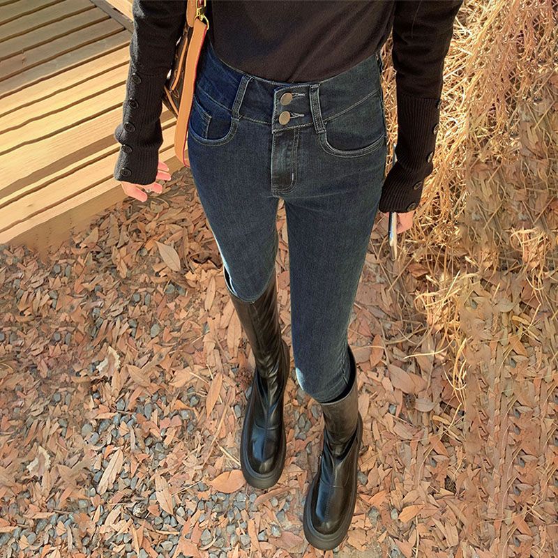 【品牌撤柜】蓝灰色弹力高腰牛仔裤女2025年春装新款弹力显瘦紧身