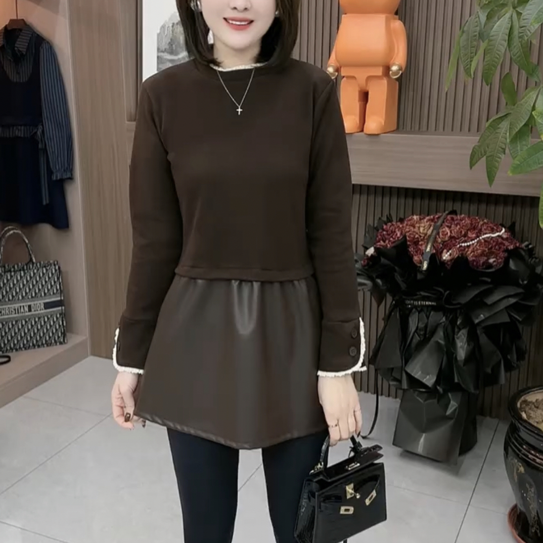 冬季新款法式气质拼皮圆领显瘦长袖时尚百搭上衣裙