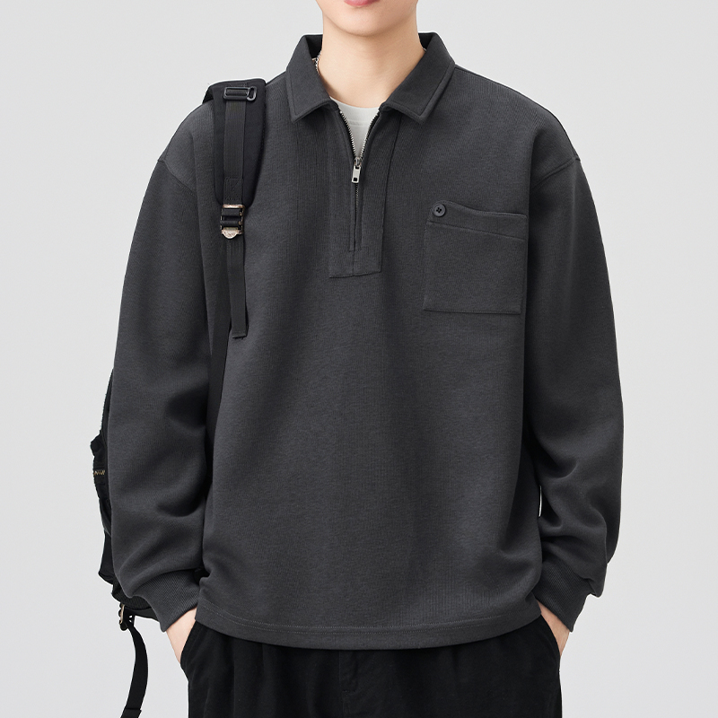 半拉链POLO衫男款秋季2025新款痞帅宽松翻领套头长袖上衣T恤卫衣