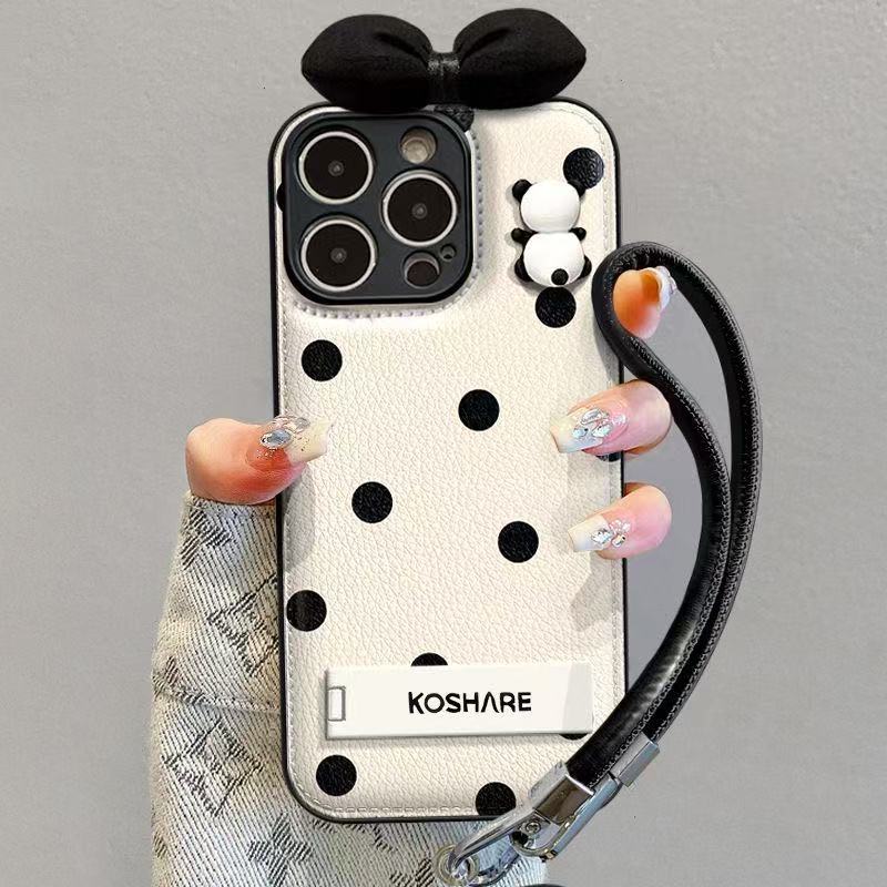 ins波点熊猫挂绳支架适用苹果17promax/16手机壳小米vivo华为oppo