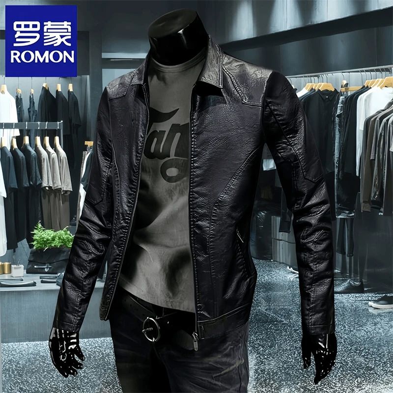 Romon/罗蒙海宁皮衣秋冬季新款休闲男士外套痞帅男款皮夹克机车服