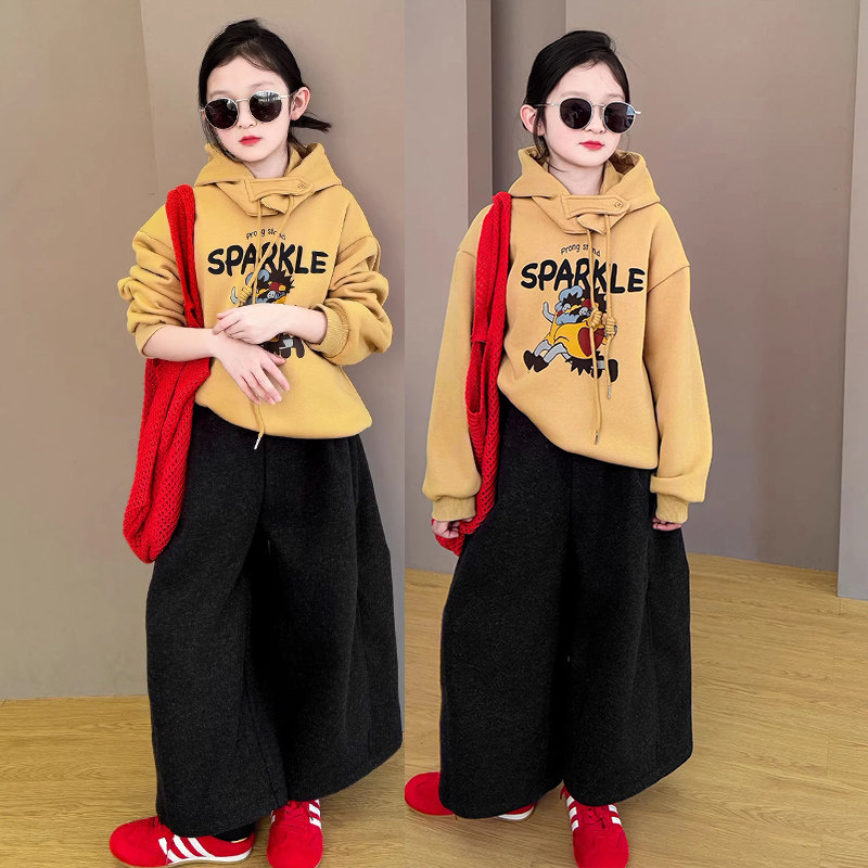女童秋冬季休闲连帽卫衣初中生女孩时尚洋气宽松加绒加厚九分裤子