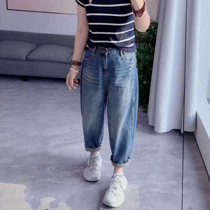 秋季新款自由卷边牛仔哈伦裤大码女装无弹显瘦宽松洋气磨破奶奶裤