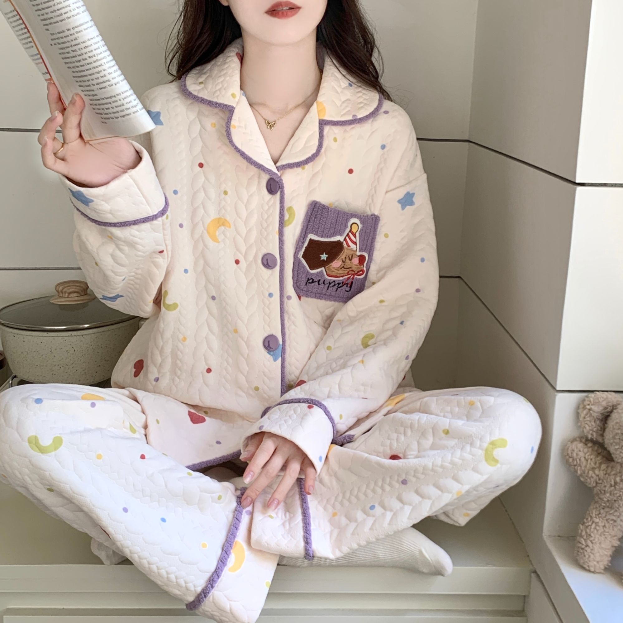 秋冬季加厚款夹层睡衣女长袖舒适空气棉保暖可外穿卡通家居服套装